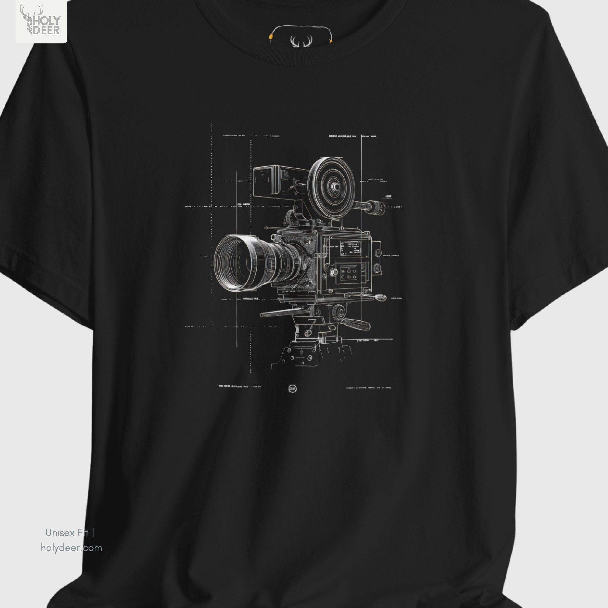 An extreme high-magnification macro focus inside the Holydeer Streetwear Film Director Tee tracking the detailed Deep Design Style focal glass vector. The print layer highlights the sharp lens segment notches, circular gear rings, wide sun shade matte box lines, and clean white ink borders that define this premium vintage camera tee piece.