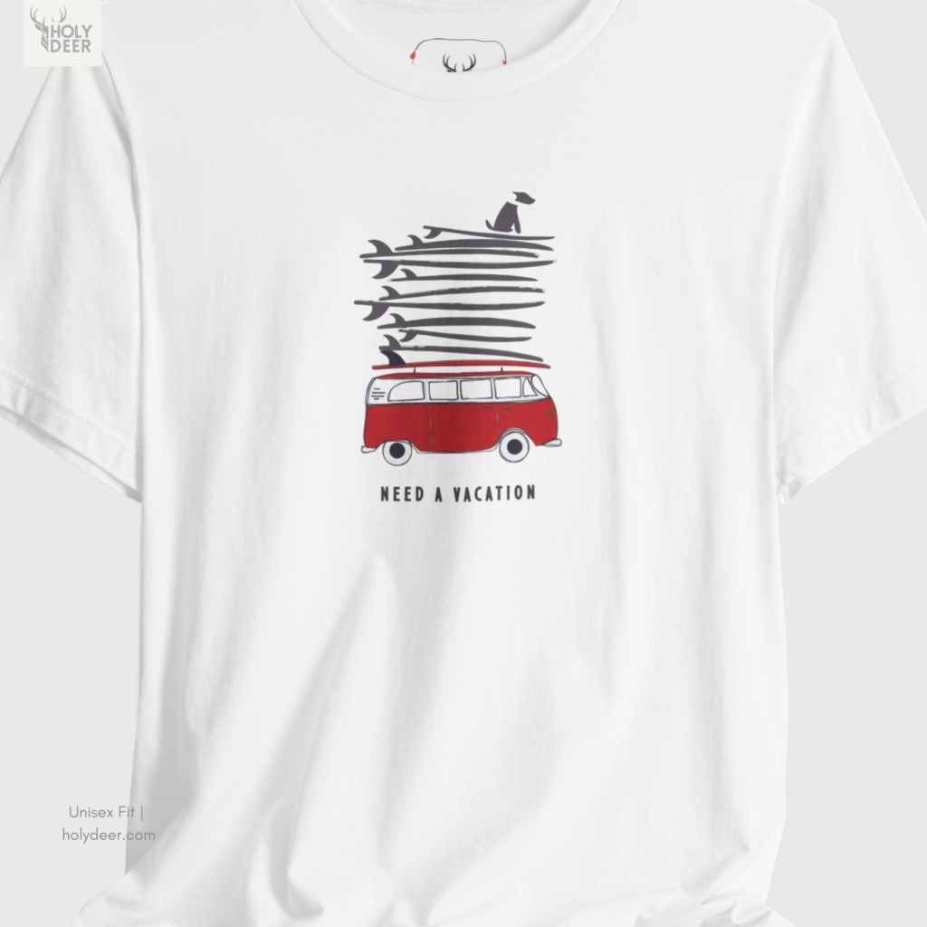 An extreme high-magnification macro focus inside the Holydeer Streetwear Vacation Graphic Tee tracking the detailed Surf Van T-Shirt vehicle vector. The print layer highlights the bright red enamel fills, small white bumper trim marks, and clear windows that define this iconic beach lifestyle tee piece.