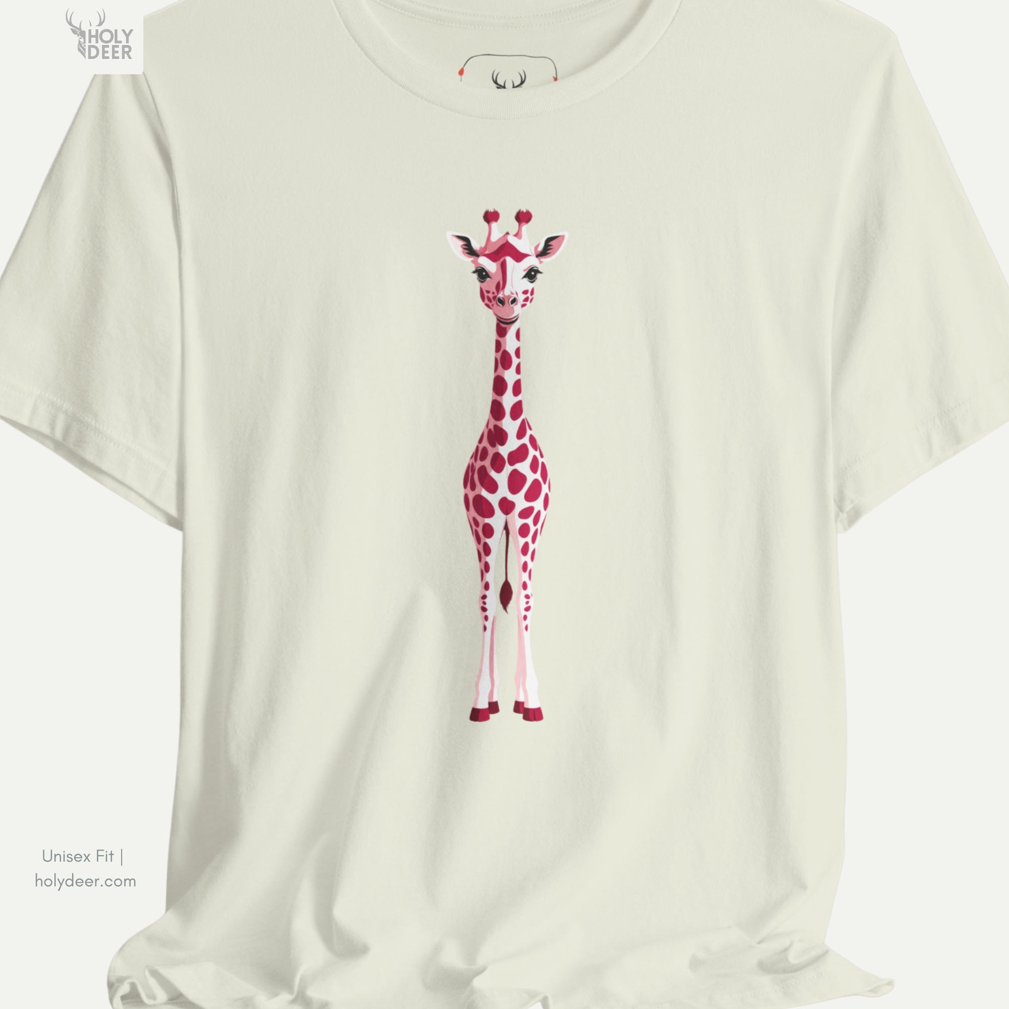 Close-up perspective of the minimalist giraffe garment showing the high-density geometric animal print on premium berry cloth.