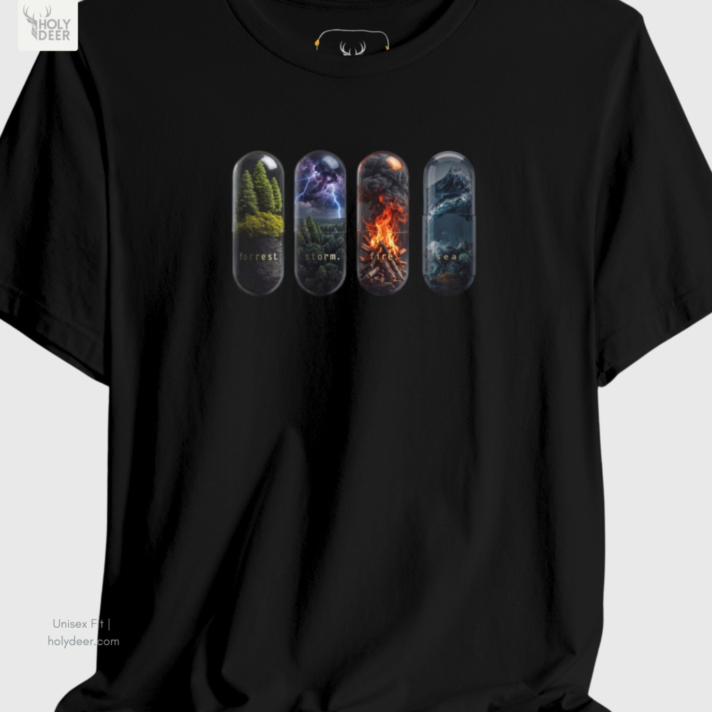 A close showroom catalog viewpoint of the Holydeer Apparel Nature Capsule Tee showing the specialized Boutique Streetwear printing finish. The framework tracks the tight screen registration of this Graphic Element Tee and Aesthetic Pill Shirt selection to monitor deep design style rendering, material texturing behaviors, and light reflection.