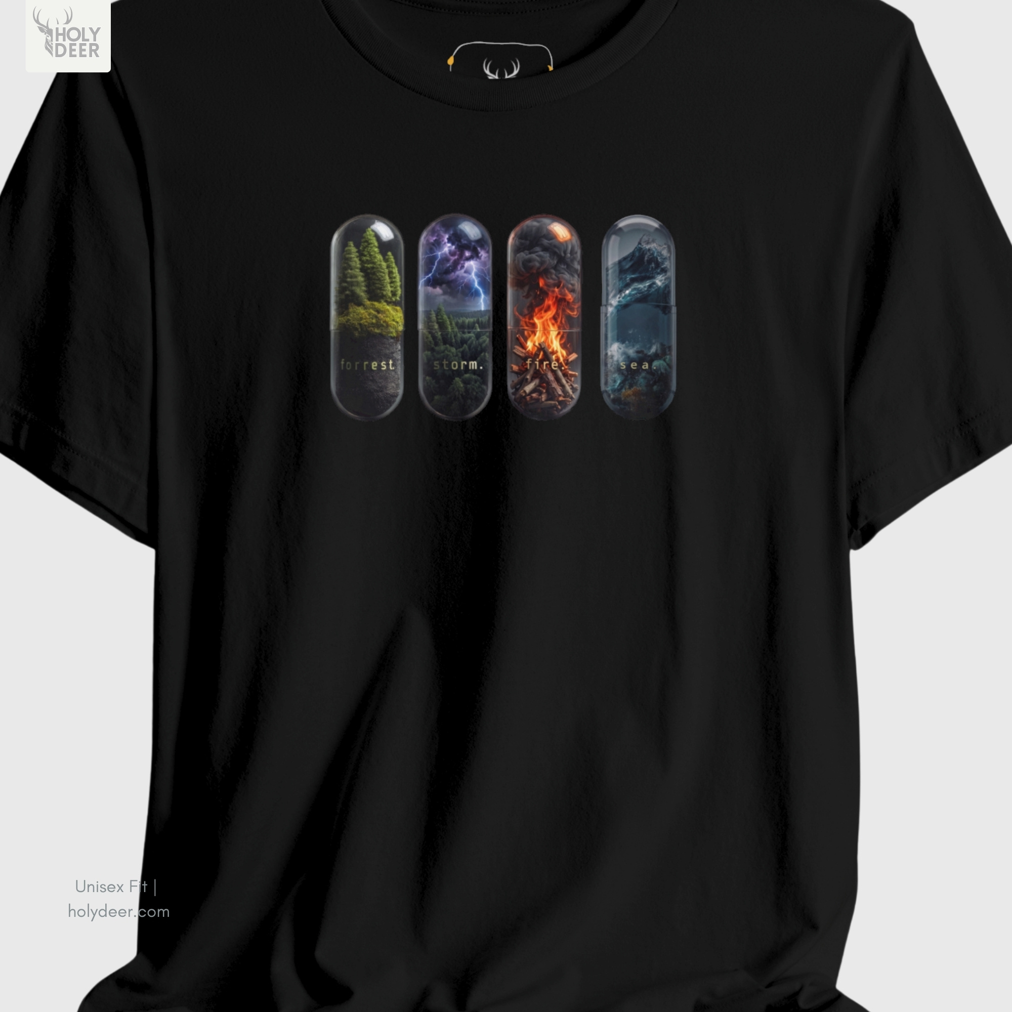 A close showroom catalog viewpoint of the Holydeer Apparel Nature Capsule Tee showing the specialized Boutique Streetwear printing finish. The framework tracks the tight screen registration of this Graphic Element Tee and Aesthetic Pill Shirt selection to monitor deep design style rendering, material texturing behaviors, and light reflection.