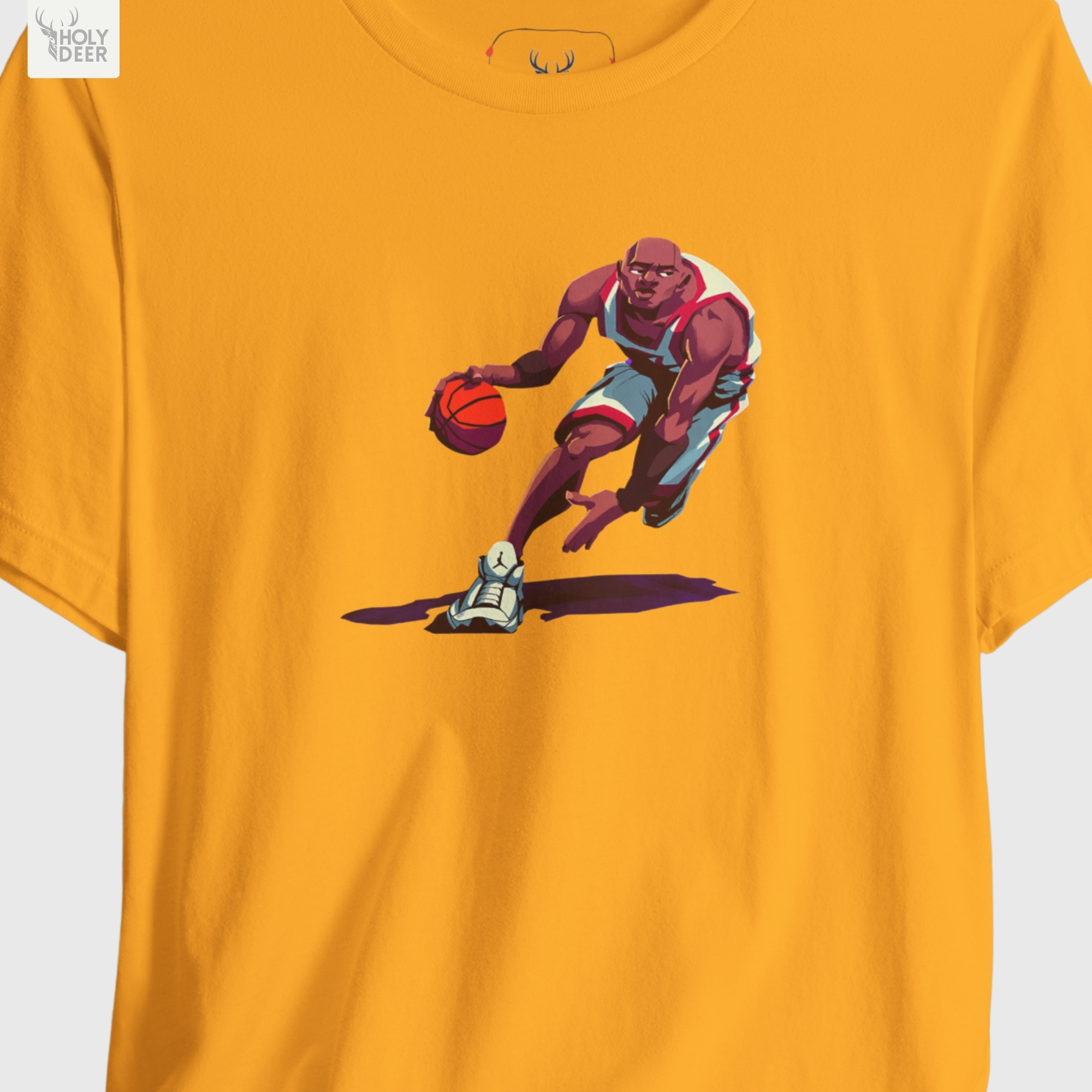 A technical macro view of the Holydeer Tee Basketball Shirt capturing the fine circular tracks and rich leather texture lines of the basketball. The frame monitors the clean graphic structure and sharp hand contours to secure high cool athlete top layout cohesion, creating a premium presentation for our nba tshirt run.