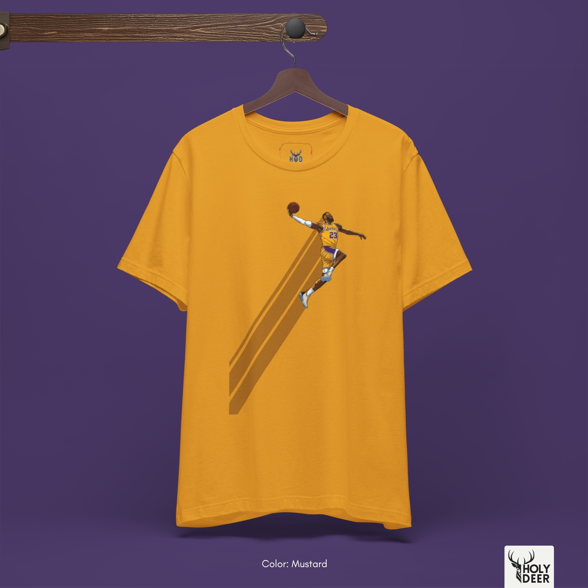 A crisp close-up tracking the interior neckline stamp of the Holydeer Streetwear Basketball Shirt. This tagless care label displays the iconic Holydeer Streetwear stag emblem and sizing parameters printed using skin-safe eco-friendly ink right below the reinforced twin-needle double stitch neck seam.