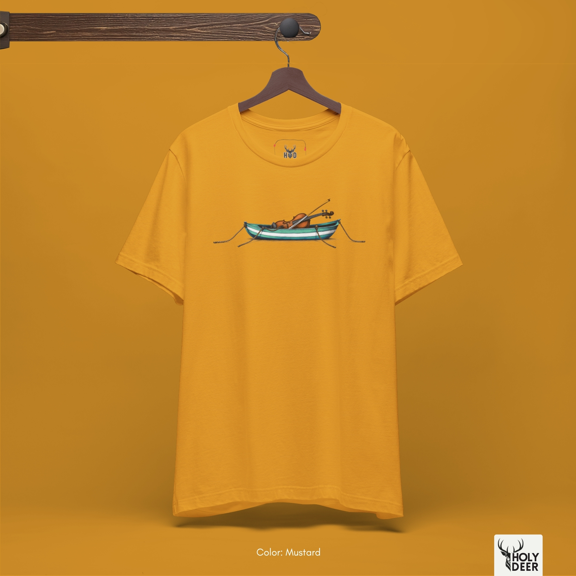 A commercial catalog angle showing the independent orchestra player gift garment hanging cleanly from a custom light timber hanger frame against an isolated studio backdrop. The layout tracks accurate material behavior, soft chest wrinkles, and balanced square casual dimensions.