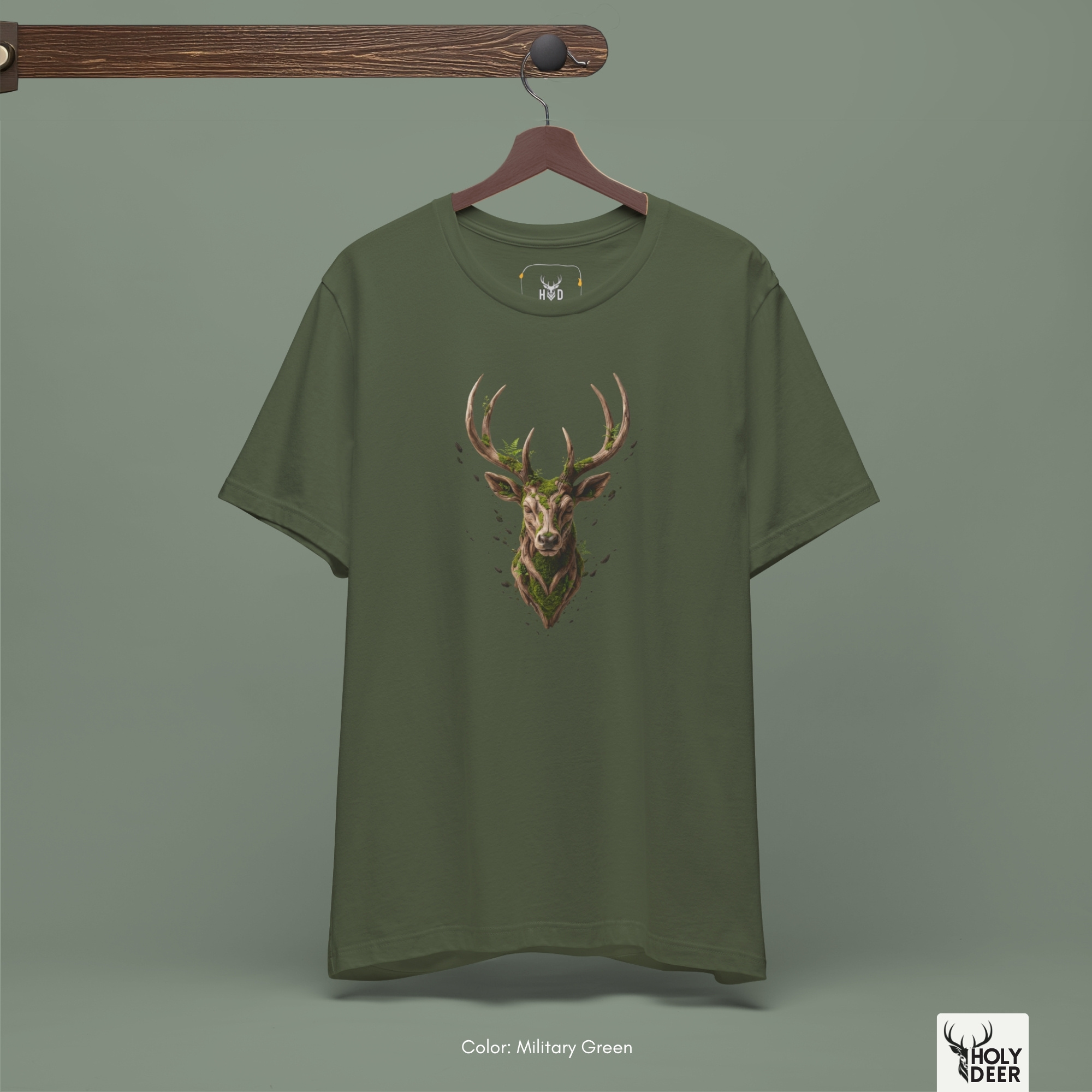 A detailed macro inspection of the Holydeer Clothing Deer Graphic Tee focusing entirely on the realistic animal muzzle and eyes. This specific section tracks the delicate desaturated fur strokes, organic symmetry lines, shadow depths around the nose bridge, and dense ink layering forming the core of the woodland animal t symbol.
