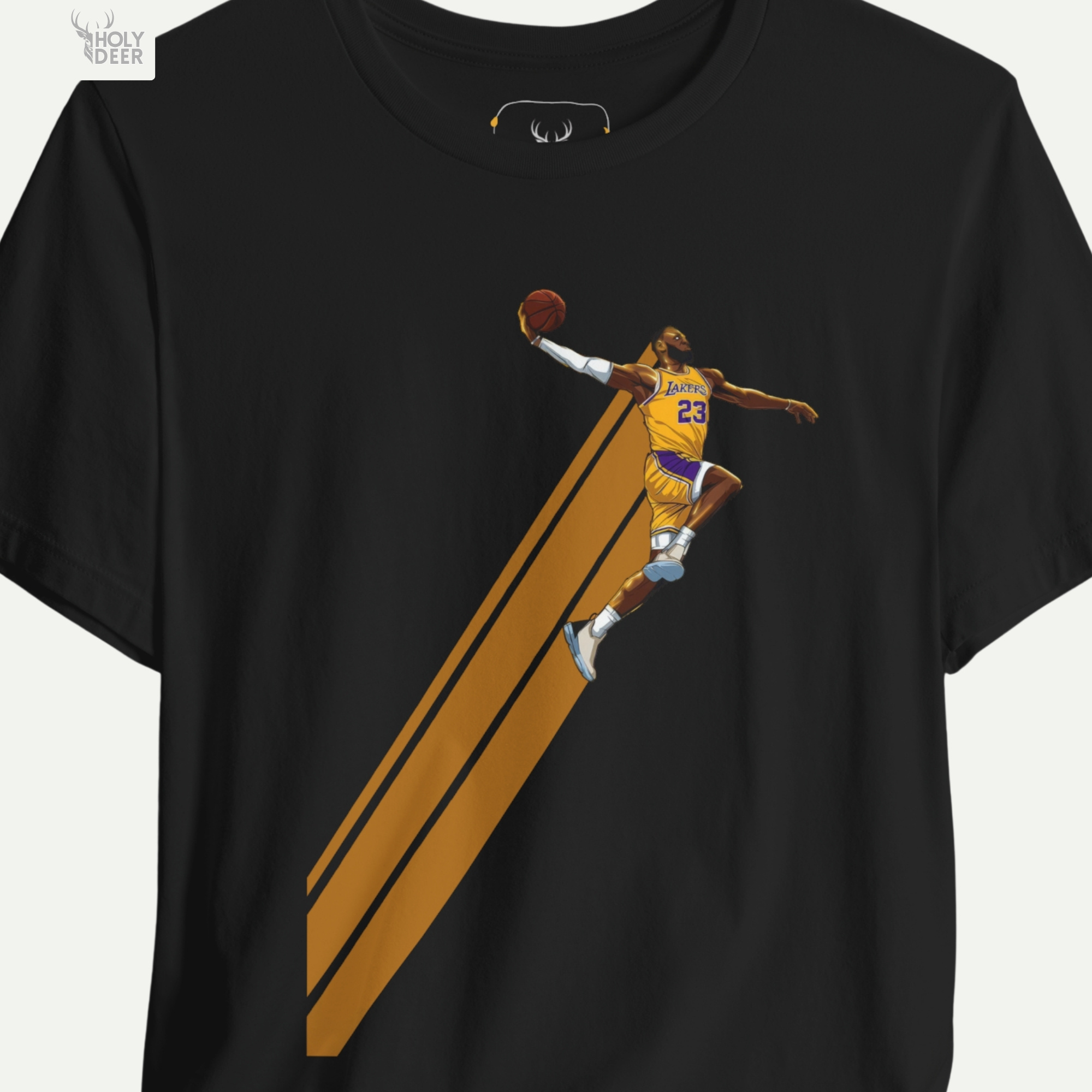 A technical macro view of the Holydeer Tee Basketball Shirt capturing the fine circular lines and rich orange leather textures of the basketball held high. The frame monitors the clean graphic structure and sharp hand contours to secure high cool athlete top layout cohesion, creating a premium presentation.