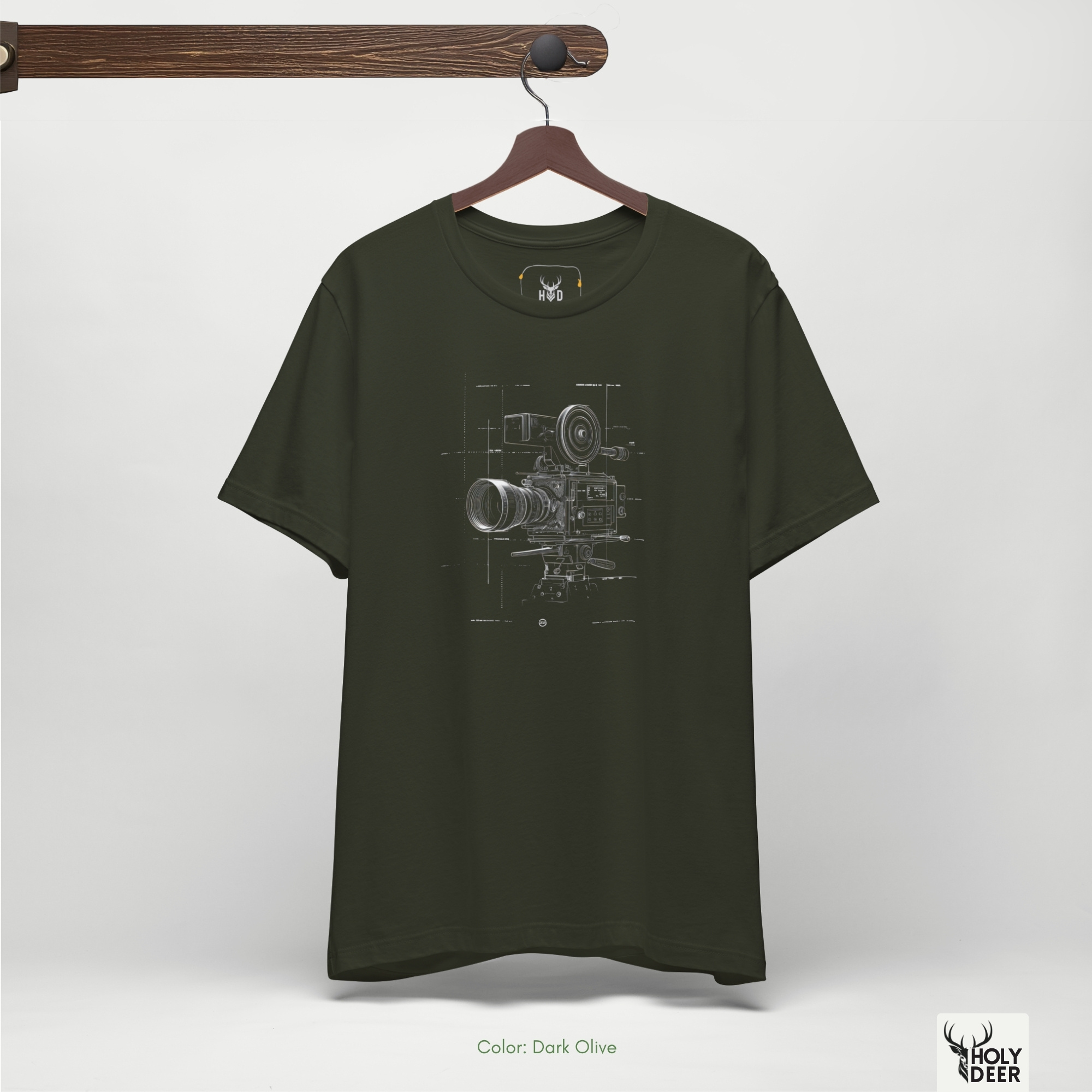 A detailed macro inspection of the Holydeer Clothing Film Director Tee focusing entirely on the technical camera art axis markers. This specific section tracks the fine dotted background channels, industrial measurement lines, millimeter callouts, and dense white ink mapping lines forming the outer section of the filmmaker gift shirt symbol.