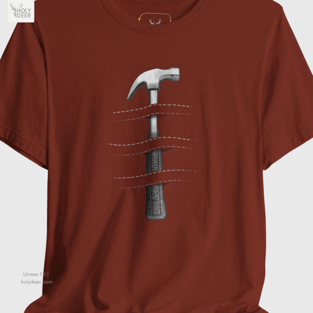 An extreme high-magnification macro focus inside the Holydeer Streetwear Hammer Graphic Tee tracking the detailed Deep Design Style steel claw head vector. The print layer highlights the bright metallic silver specular gradients, smooth metallic crown profiles, curved split pry claw lines, and clean white ink borders that define this premium handyman top piece.