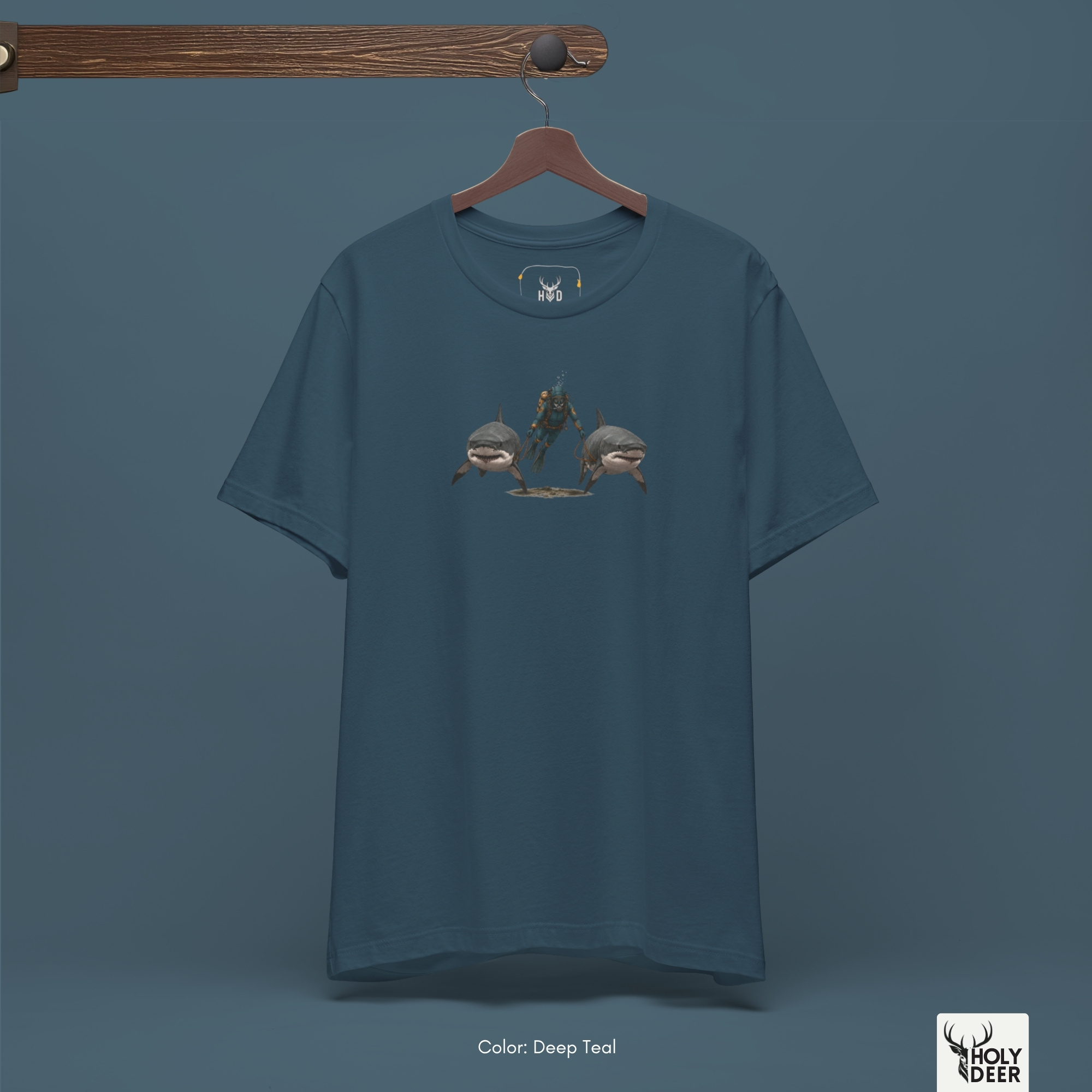 A technical macro view of the Holydeer Tee Shark Graphic Tee capturing the fine chaotic line arrays forming the right side predator of the mark. The frame monitors the clean graphic structure and micro-sized fin details to secure high nautical streetwear layout cohesion, creating a premium presentation for our signature diver gift shirt line.