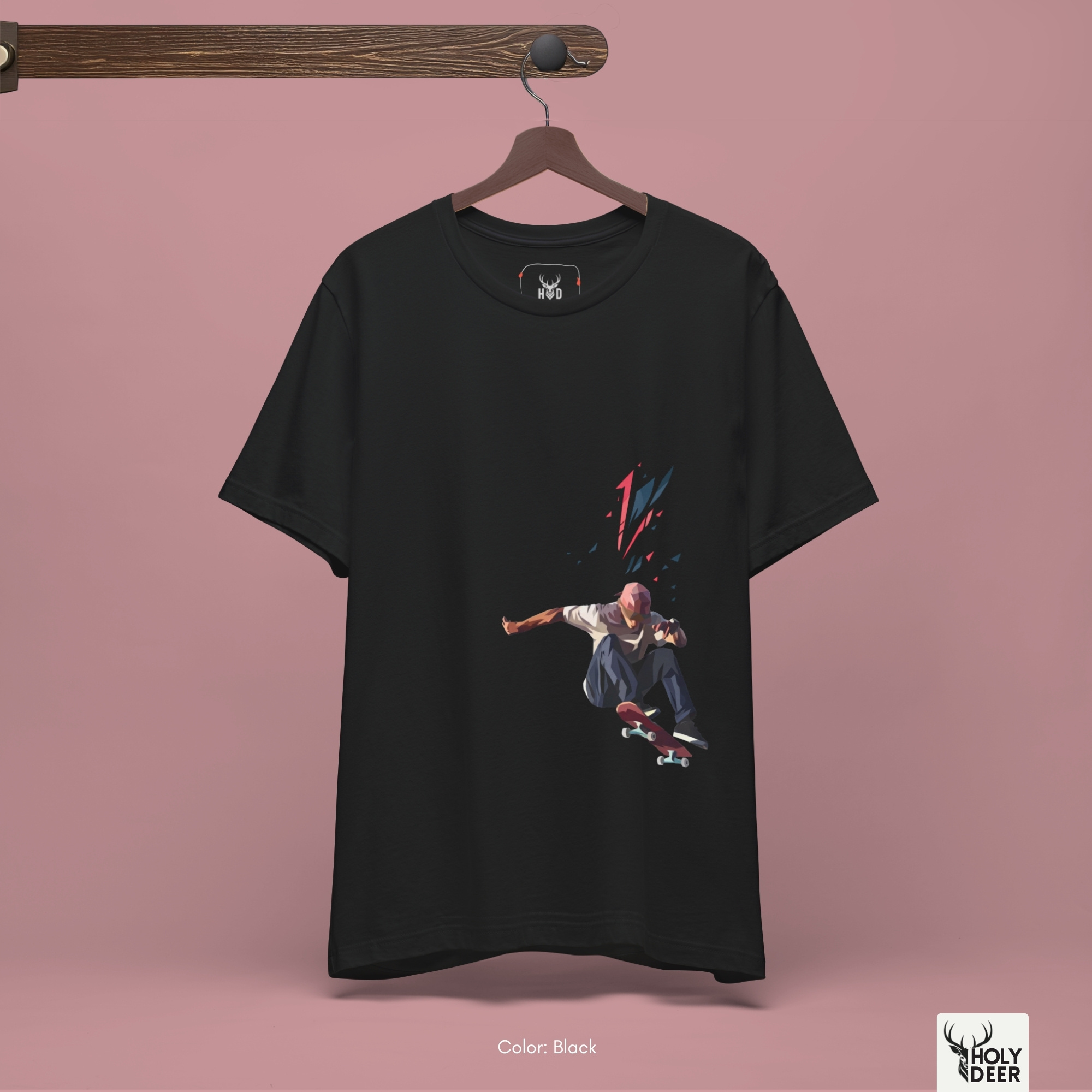 A full-length street fashion lookbook photo displaying a creator styling the Holydeer Apparel Skateboarder Tee. The model pairs the independent boutique skate wear and minimalist skate t with loose casual dark denim trousers and activewear accessories inside a raw minimalist brutalist concrete architectural space.