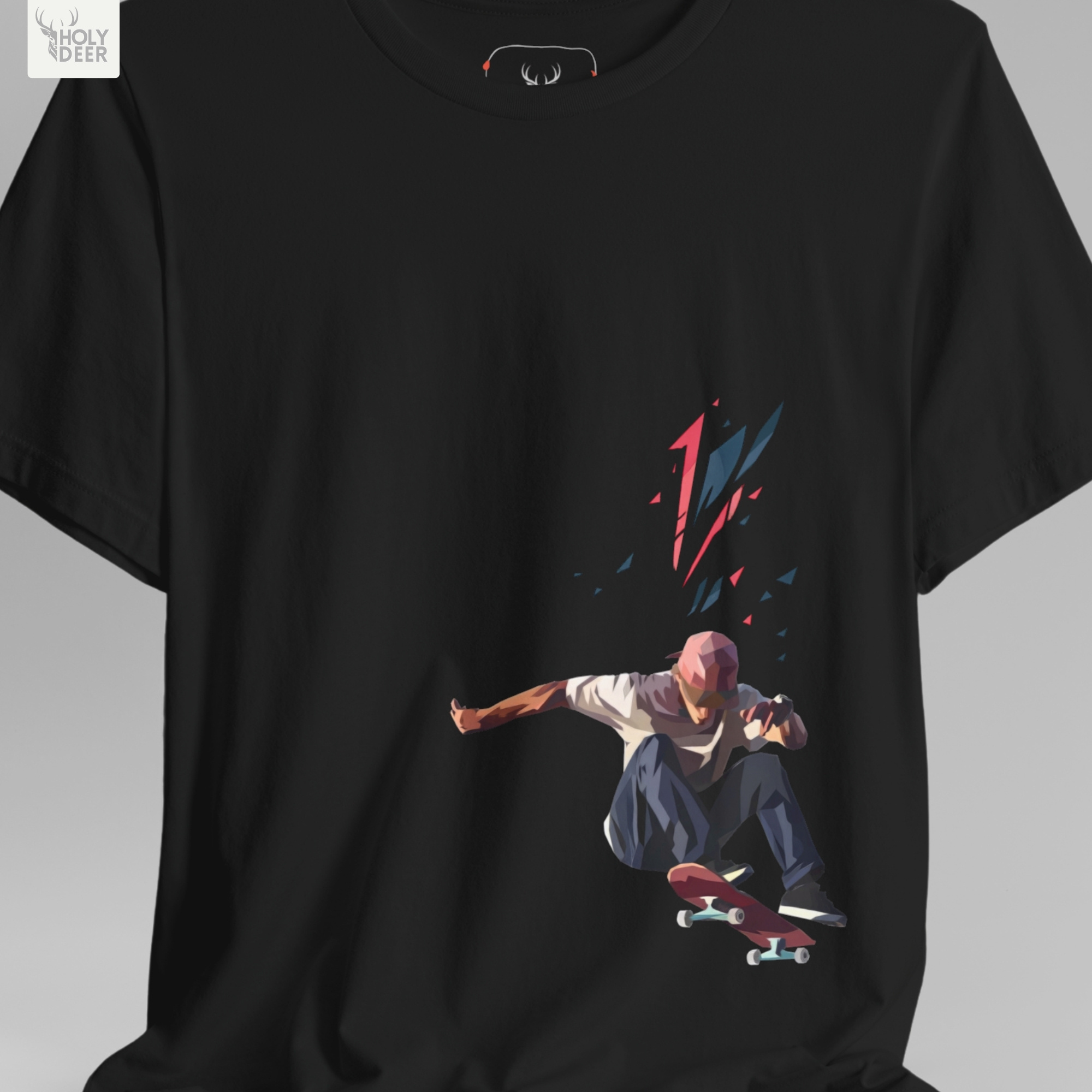 A commercial catalog layout tracking the Holydeer Clothing Skateboarder Tee hanging cleanly from a custom timber stand. The product framework documents accurate geometric skate top material behavior, soft chest wrinkles, and balanced square casual fit parameters for high-end boutique distribution.