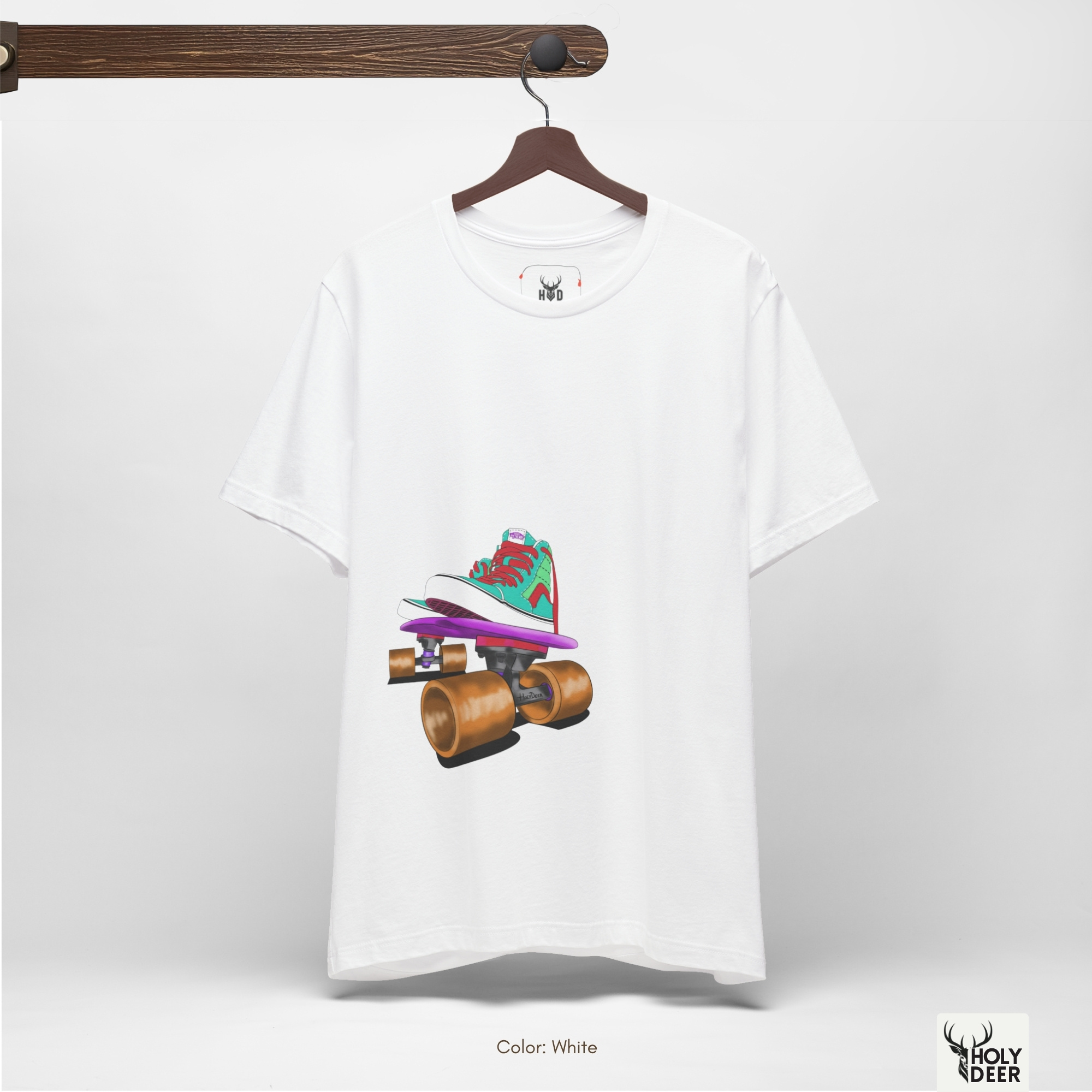 This detailed macro perspective isolates the wide cylindrical skateboard wheels on the lower half of the Holydeer Tee Skater Graphic Tee. The frame showcases smooth amber-brown gradients, technical perspective drawing lines, and deep ground shadows that create a strong sense of depth for this urban lifestyle tee drop.