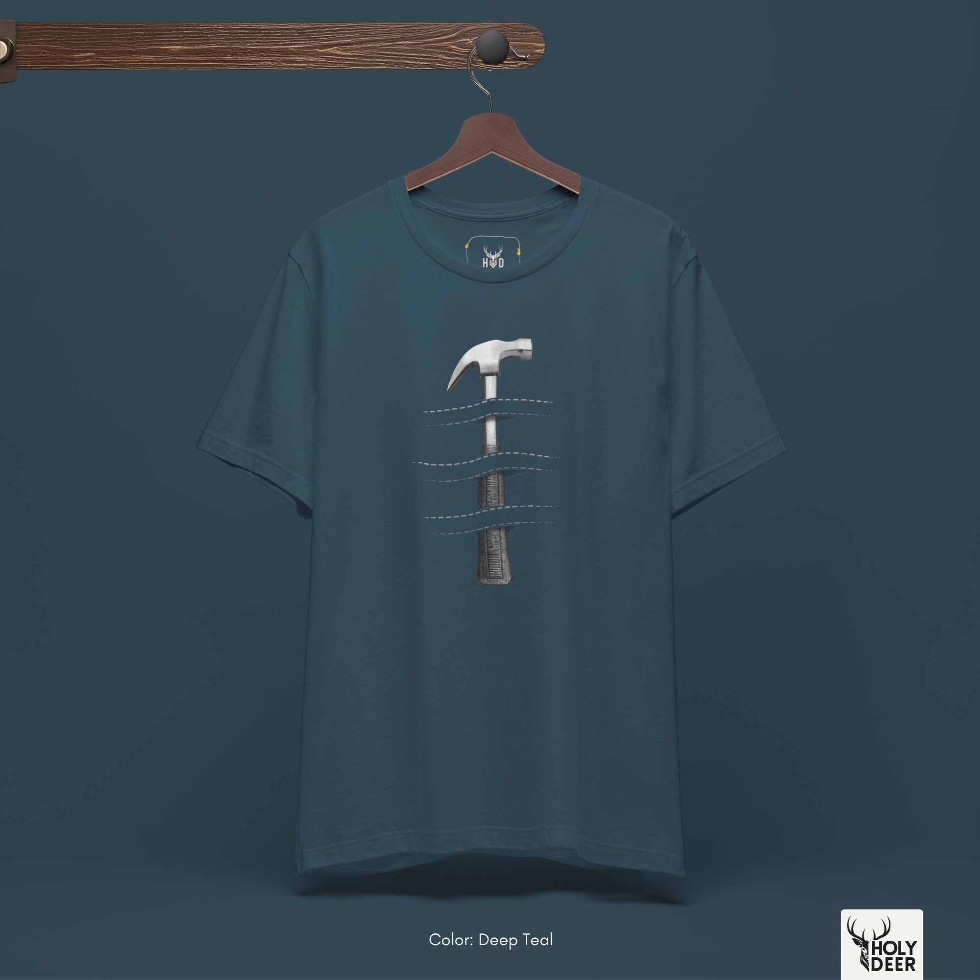 A detailed macro inspection of the Holydeer Clothing Hammer Graphic Tee focusing entirely on the optical illusion t shadow waves. This specific section tracks the fine white dashed line markings, curved horizon slit shapes, and dark brown shading fades mimicking actual cut fabric holes forming the central unique concept top symbol.