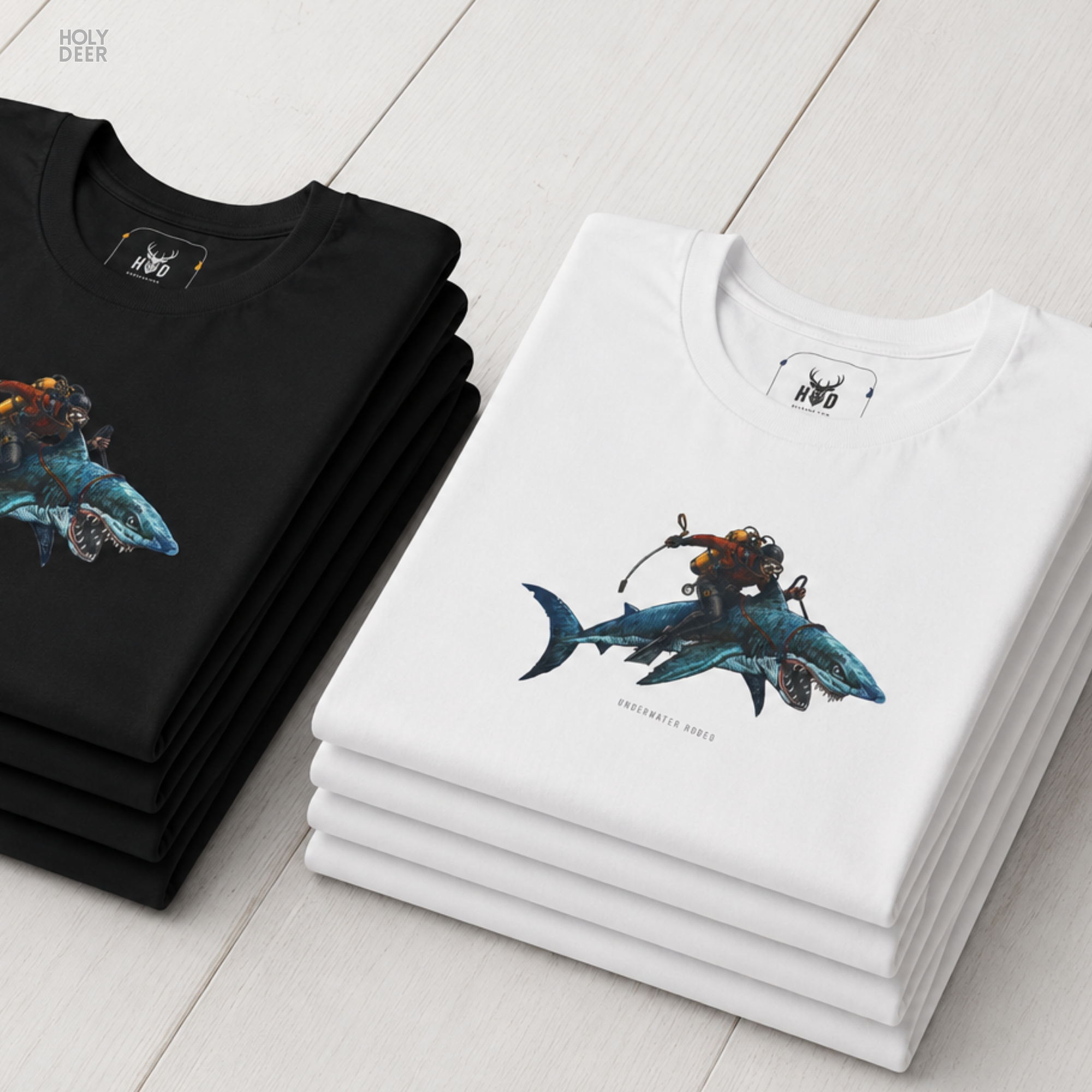 A full-length street fashion lookbook photo displaying a creator styling the Holydeer Apparel Shark Graphic Tee. The model pairs the independent boutique streetwear and underwater rodeo top with loose casual olive cargo trousers and sea life clothing accessories inside a raw minimalist brutalist concrete architectural hall.