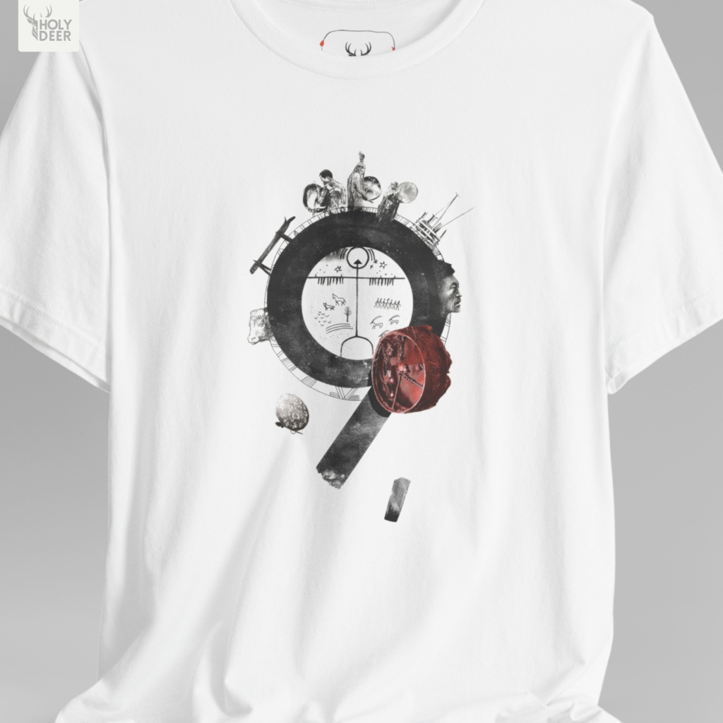 An extreme high-magnification macro focus inside the Holydeer Streetwear Shamanic Shaman Tee tracking the detailed Tribal Tamga Wear instrument vector. The print layer highlights the intense crimson leather membrane coat, distressed rope binding lines, and textured ritual mallet strokes that define this premium native american art piece.