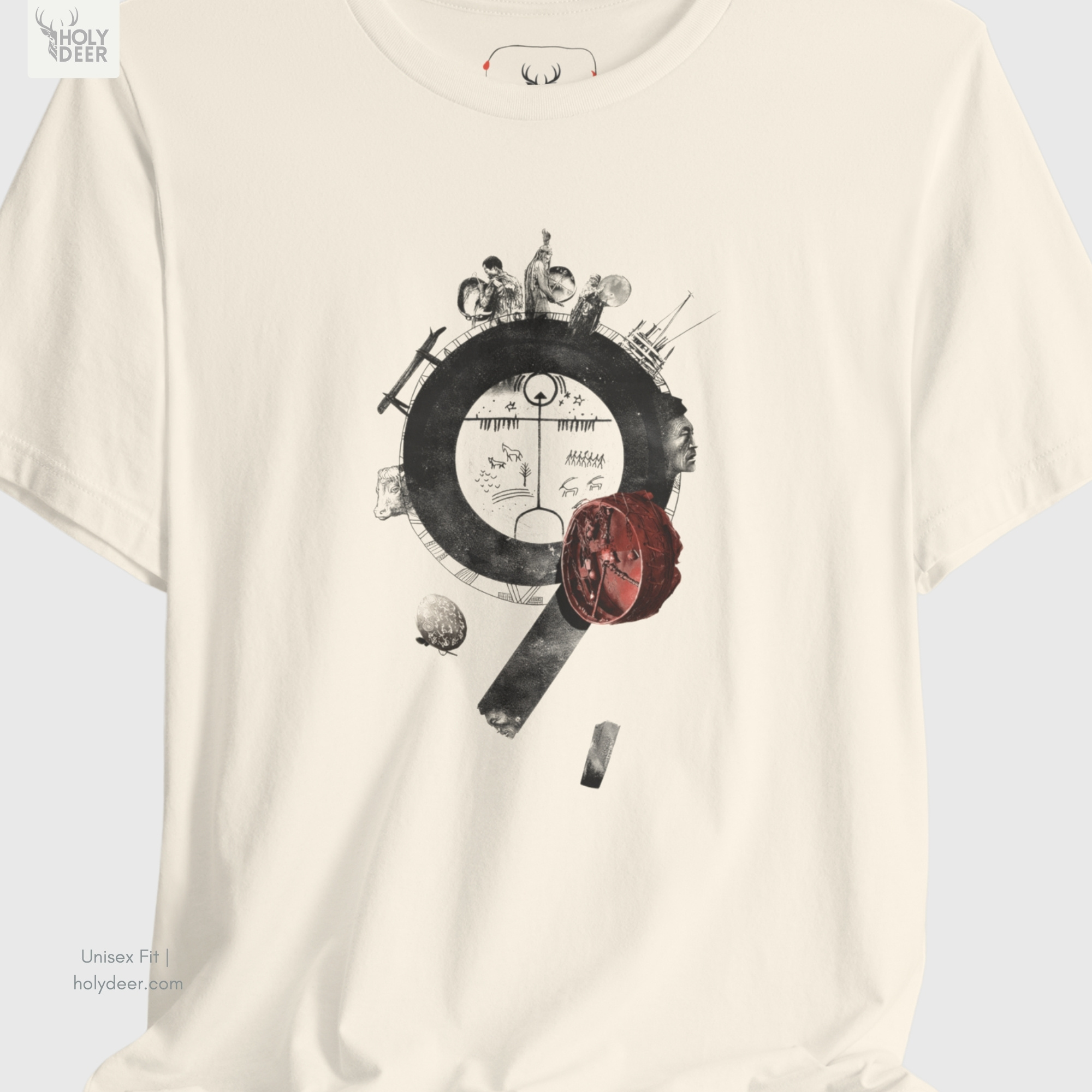 A detailed macro inspection of the Holydeer Clothing Shamanic Shaman Tee focusing entirely on the dark circular cosmic ring pattern. This specific section tracks the miniature archaic petroglyph animal figures, geometric border lines, and dense black ink saturation mimicking ancient stone inscriptions for the spiritual ritual t symbol.