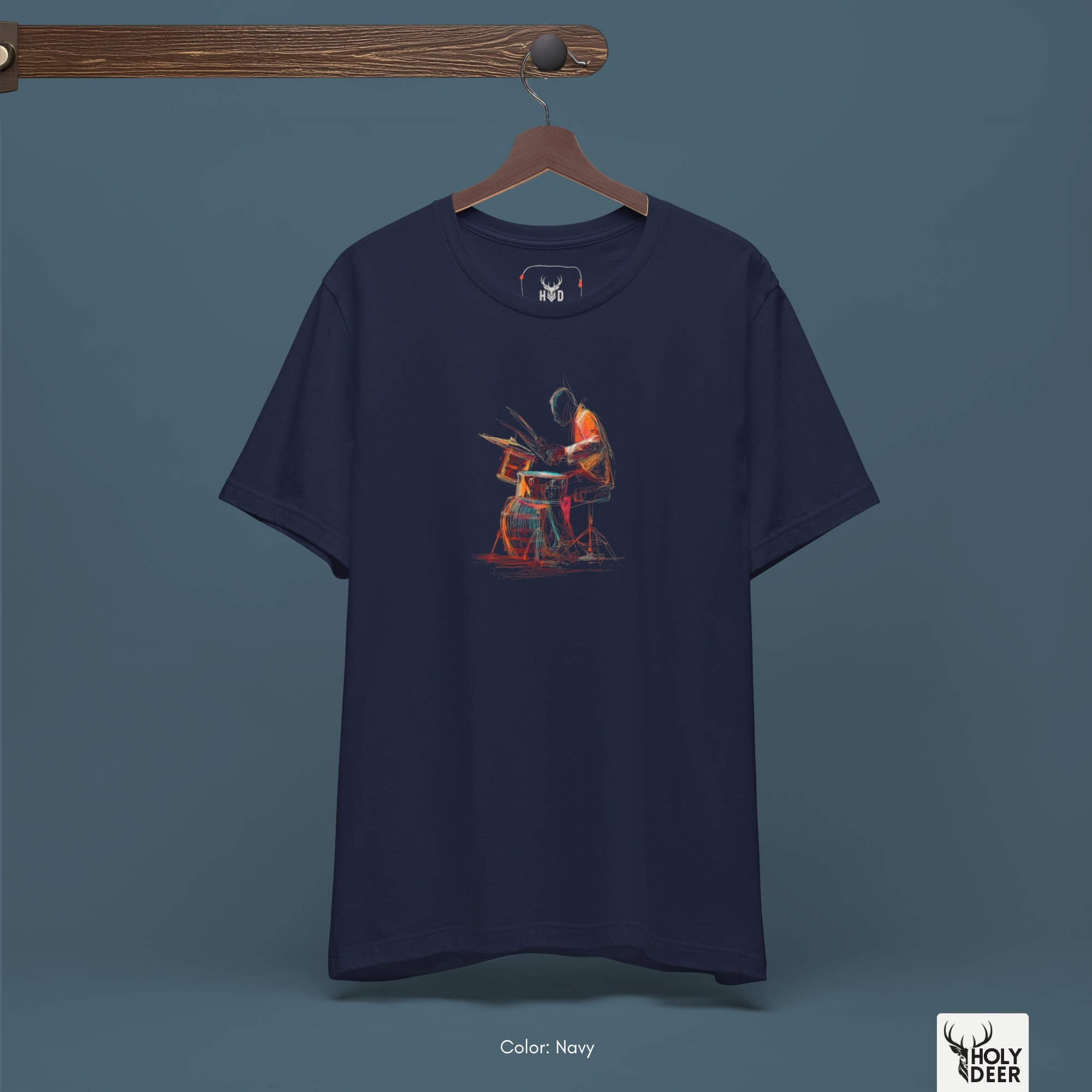 A close showroom catalog viewpoint of the Holydeer Apparel Drummer Graphic Tee showing the specialized Live Music T-Shirt printing finish. The framework tracks the tight screen registration of this Percussionist Gift and Festival Outfit T selection to monitor deep design style rendering, material texturing behaviors, and light reflection.