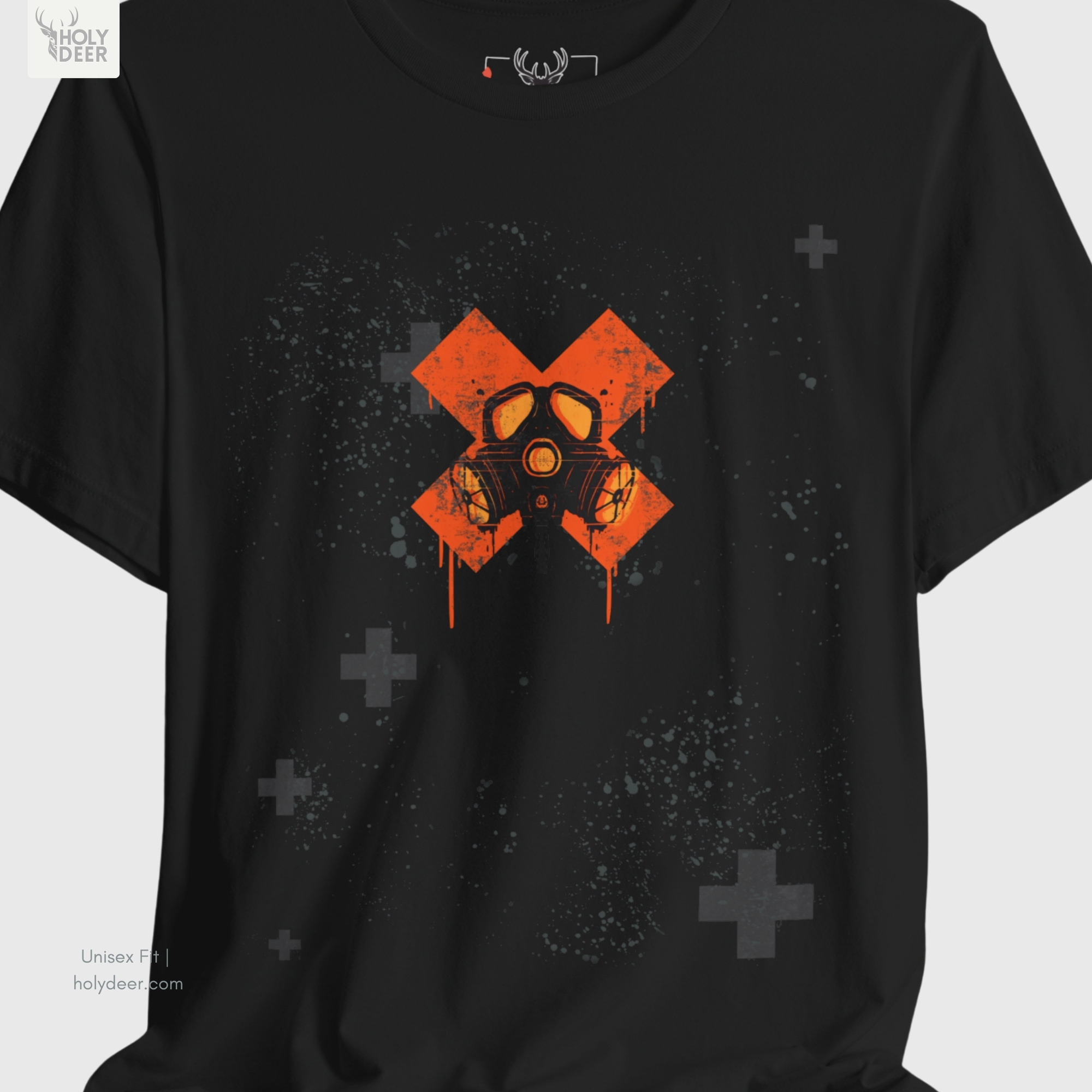 An extreme high-magnification macro focus inside the Holydeer Streetwear Gas Mask Graphic Tee tracking the detailed techwear apparel art breathing valves. The print layer highlights the intense toxic hazard apparel canister holes, industrial respirator meshes, and glowing amber eye visor lenses that define this hardcore urban rebel clothing piece.