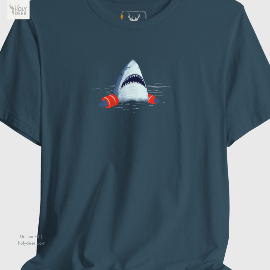 An extreme high-magnification macro focus inside the Holydeer Streetwear Shark Graphic Tee tracking the detailed Humorous Shark T predator mouth vector. The print layer highlights the sharp white tooth triangles, dark inner throat cavity shading, and realistic nose texture gradients that define this funny shark shirt piece.