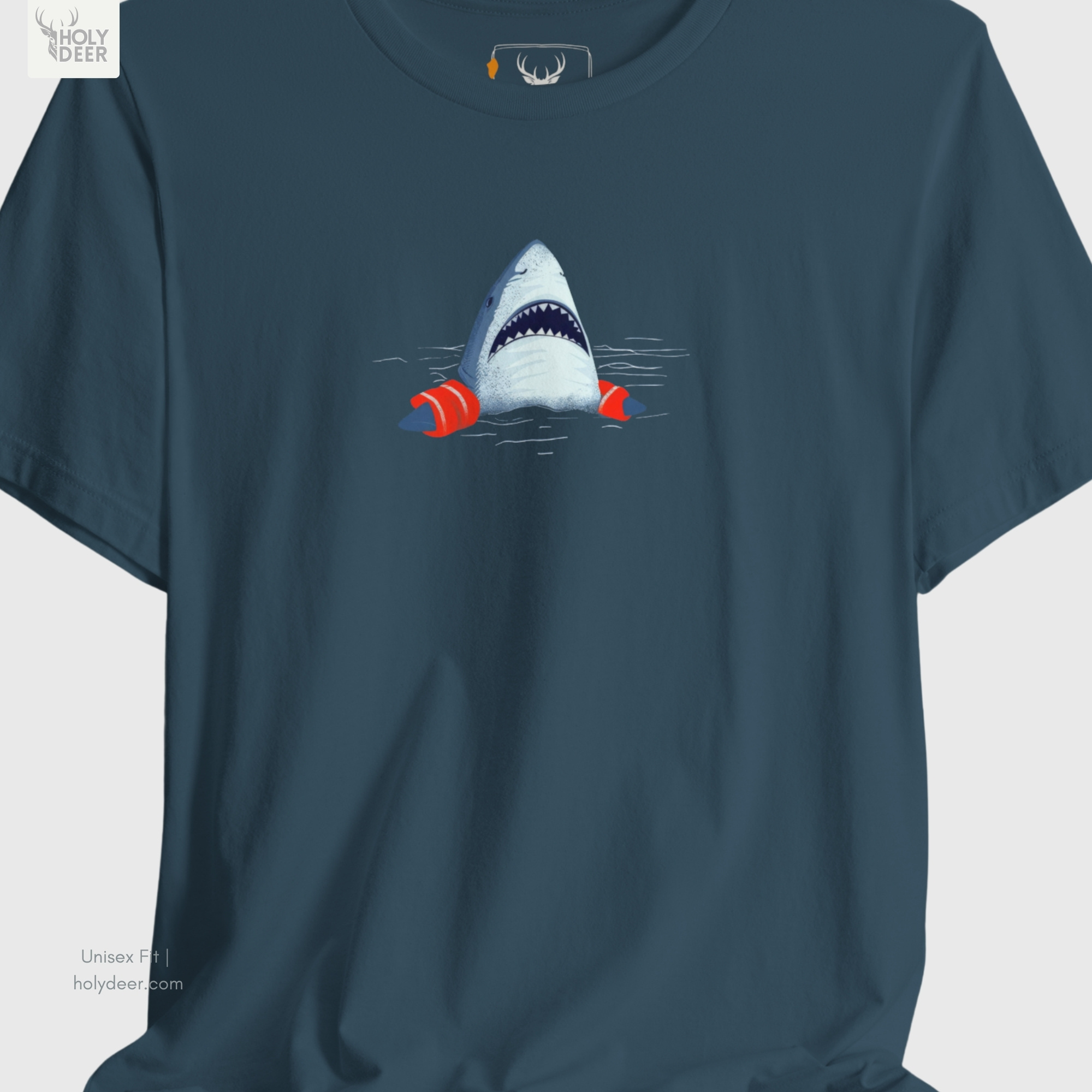 An extreme high-magnification macro focus inside the Holydeer Streetwear Shark Graphic Tee tracking the detailed Humorous Shark T predator mouth vector. The print layer highlights the sharp white tooth triangles, dark inner throat cavity shading, and realistic nose texture gradients that define this funny shark shirt piece.