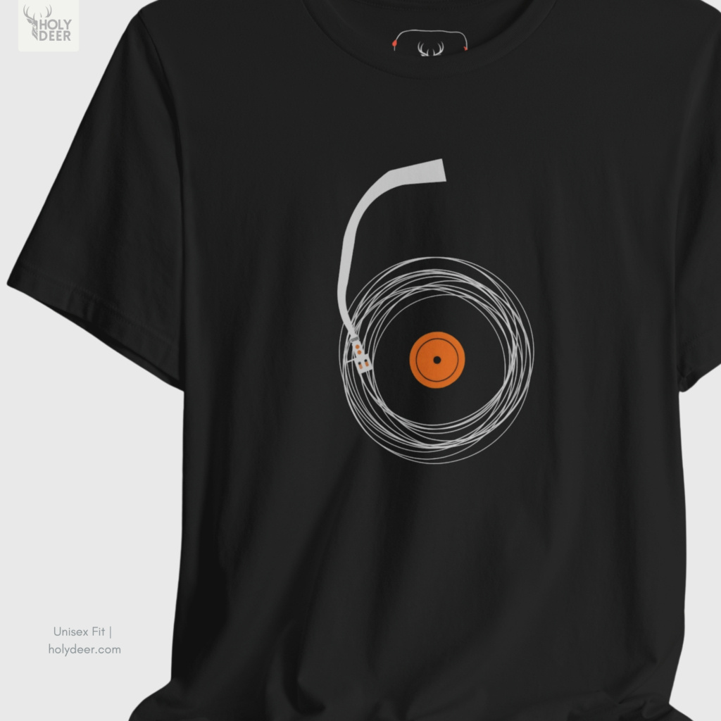 Close-up perspective of the minimalist music tee garment showing the high-density abstract record t design printed cleanly on soft clothing.