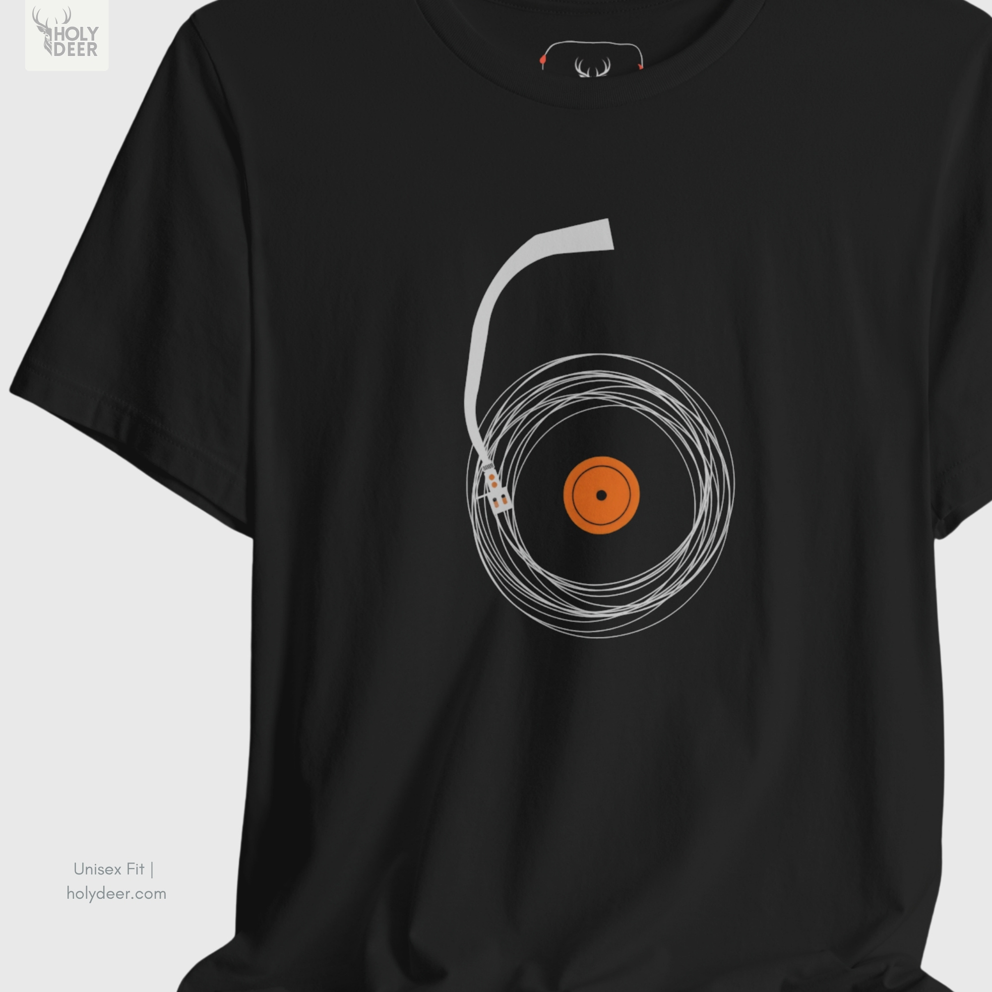 Close-up perspective of the minimalist music tee garment showing the high-density abstract record t design printed cleanly on soft clothing.