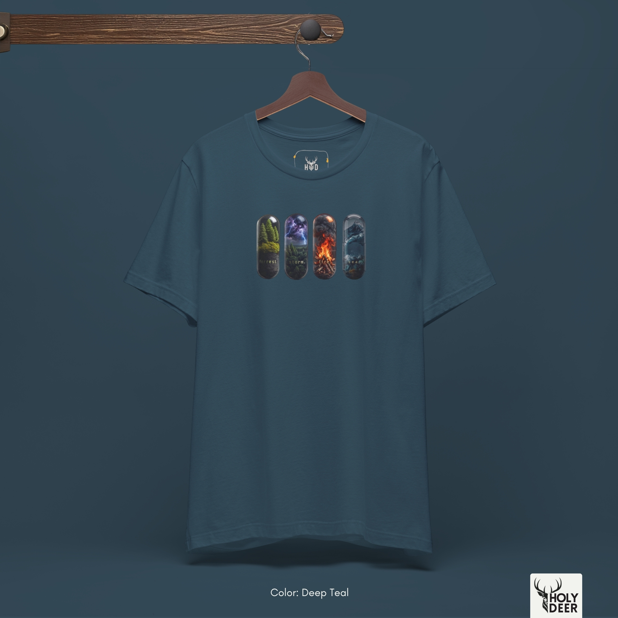 A commercial catalog layout tracking the Holydeer Clothing Nature Capsule Tee hanging cleanly from a custom timber stand. The product framework documents accurate storm pill apparel material behavior, soft chest wrinkles, and balanced square casual fit parameters for high-end boutique distribution.