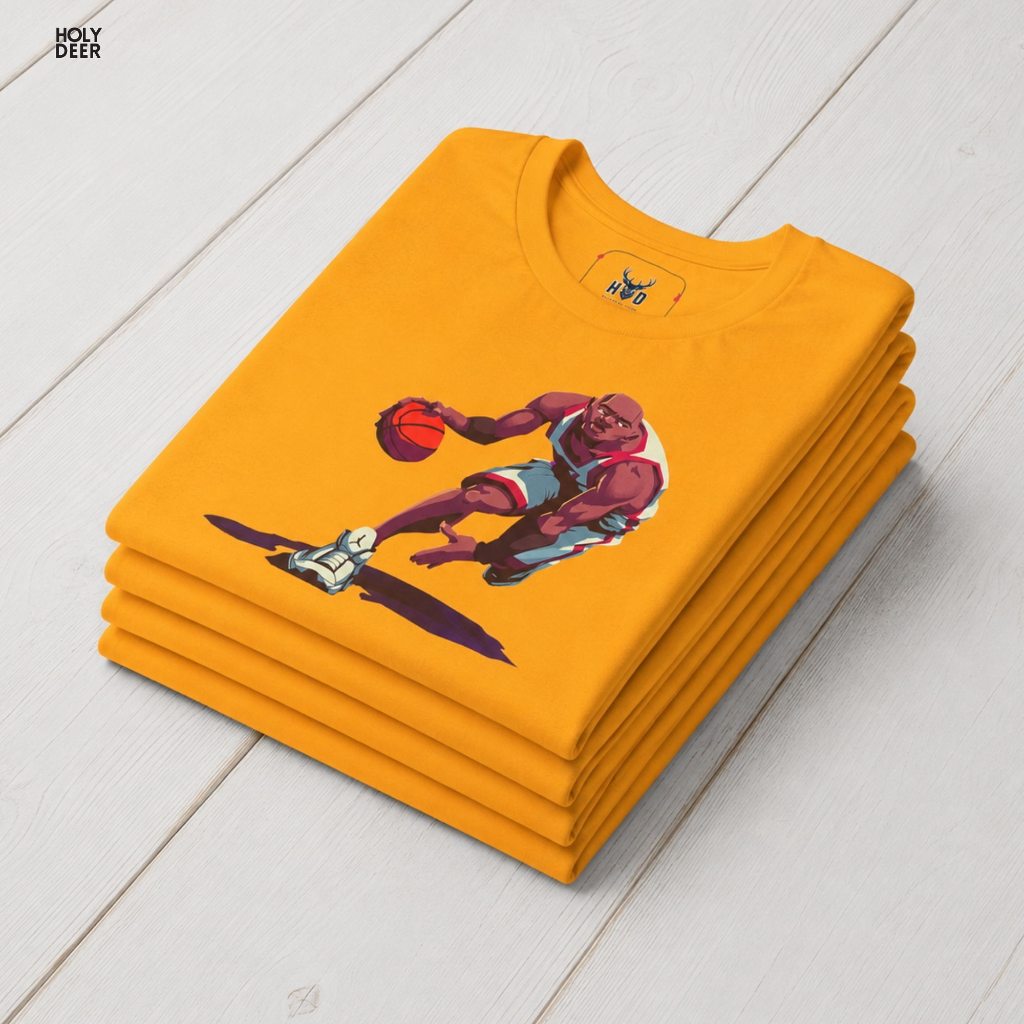 A commercial catalog layout tracking the Holydeer Clothing Basketball Shirt hanging cleanly from a custom timber stand. The product framework documents accurate streetball apparel material behavior, soft chest wrinkles, and balanced square casual fit parameters for high-end boutique distribution.