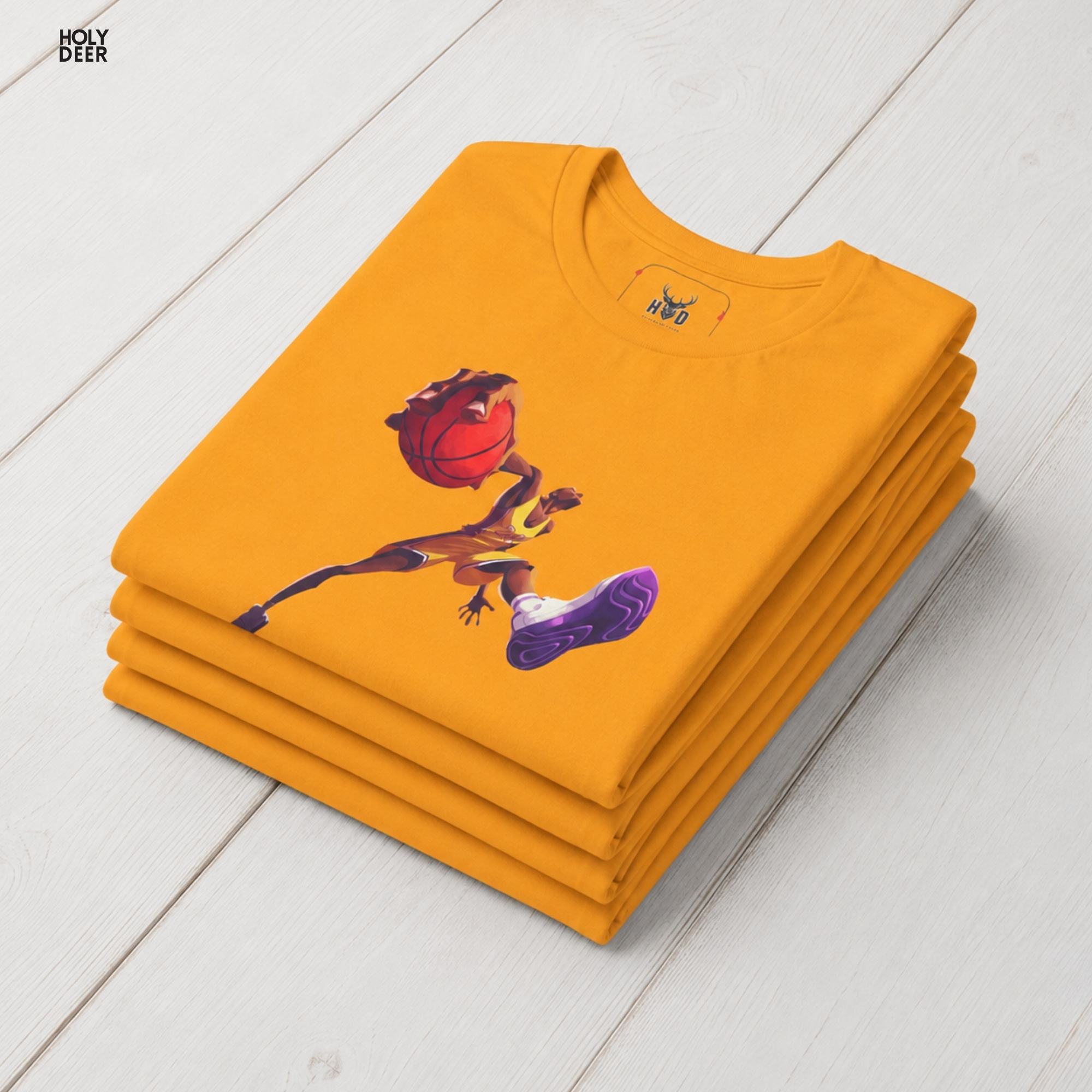 An abstract low-key editorial lookbook layout manipulating heavy side-angled spotlights across the Holydeer Streetwear Basketball Shirt. The harsh chiaroscuro shadows dance over the fabric creases, testing how the central slam dunk tee graphic pops when surrounded by deep visual contrast.