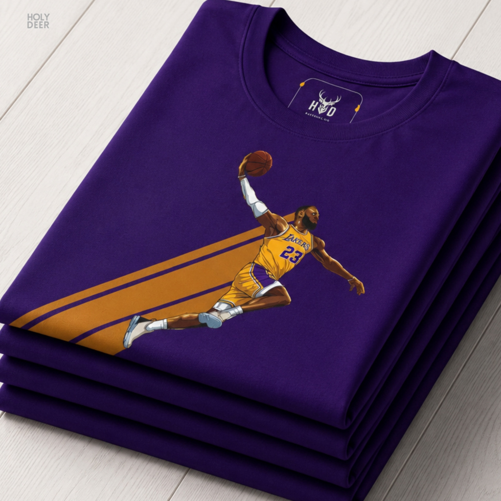 A close showroom catalog viewpoint of the Holydeer Apparel Basketball Shirt showing the specialized Performance Clothing printing finish. The framework tracks the tight screen registration of this Slam Dunk Tee and Basketballer Gift selection to monitor retro streetball rendering, material texturing behaviors, and light reflection.