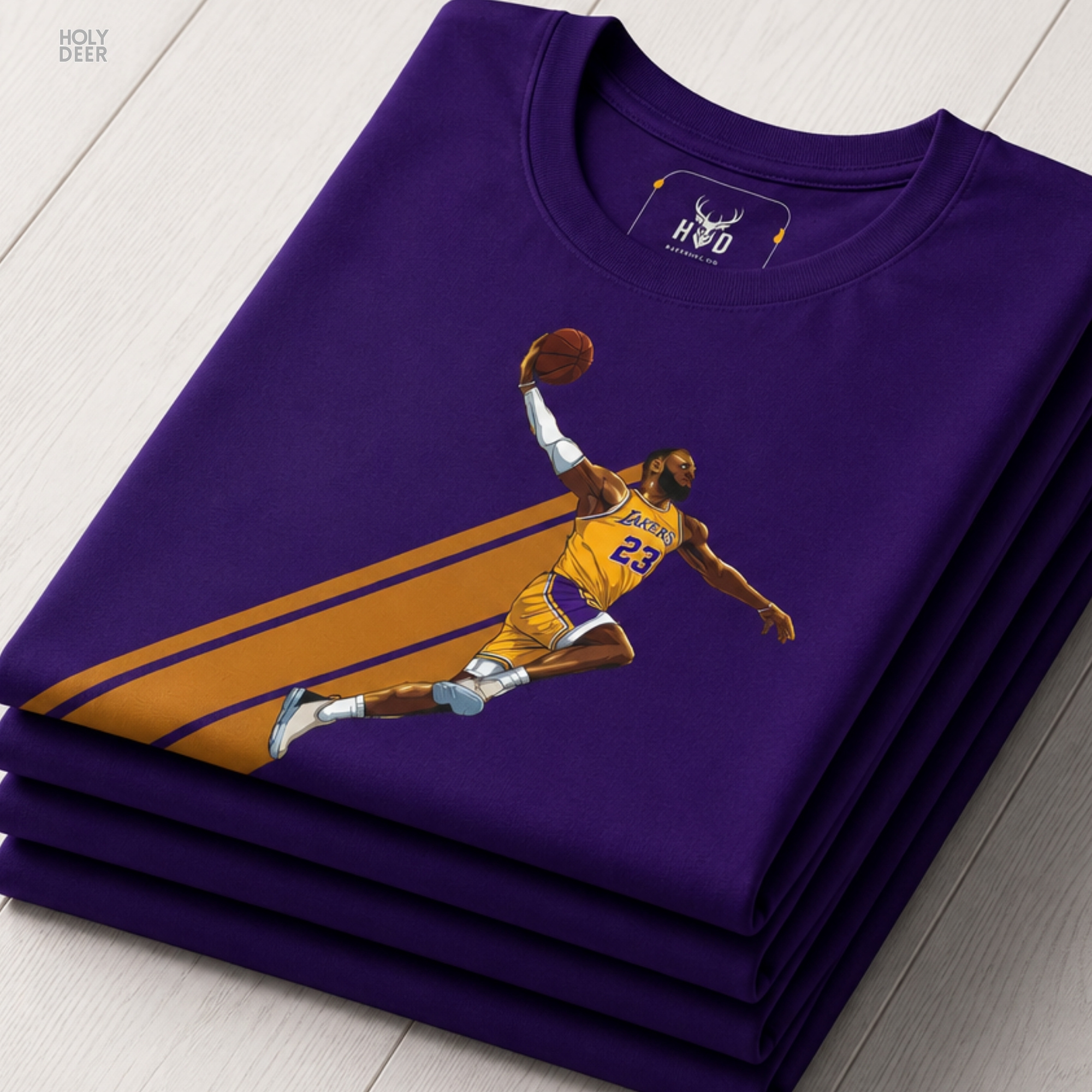 A close showroom catalog viewpoint of the Holydeer Apparel Basketball Shirt showing the specialized Performance Clothing printing finish. The framework tracks the tight screen registration of this Slam Dunk Tee and Basketballer Gift selection to monitor retro streetball rendering, material texturing behaviors, and light reflection.