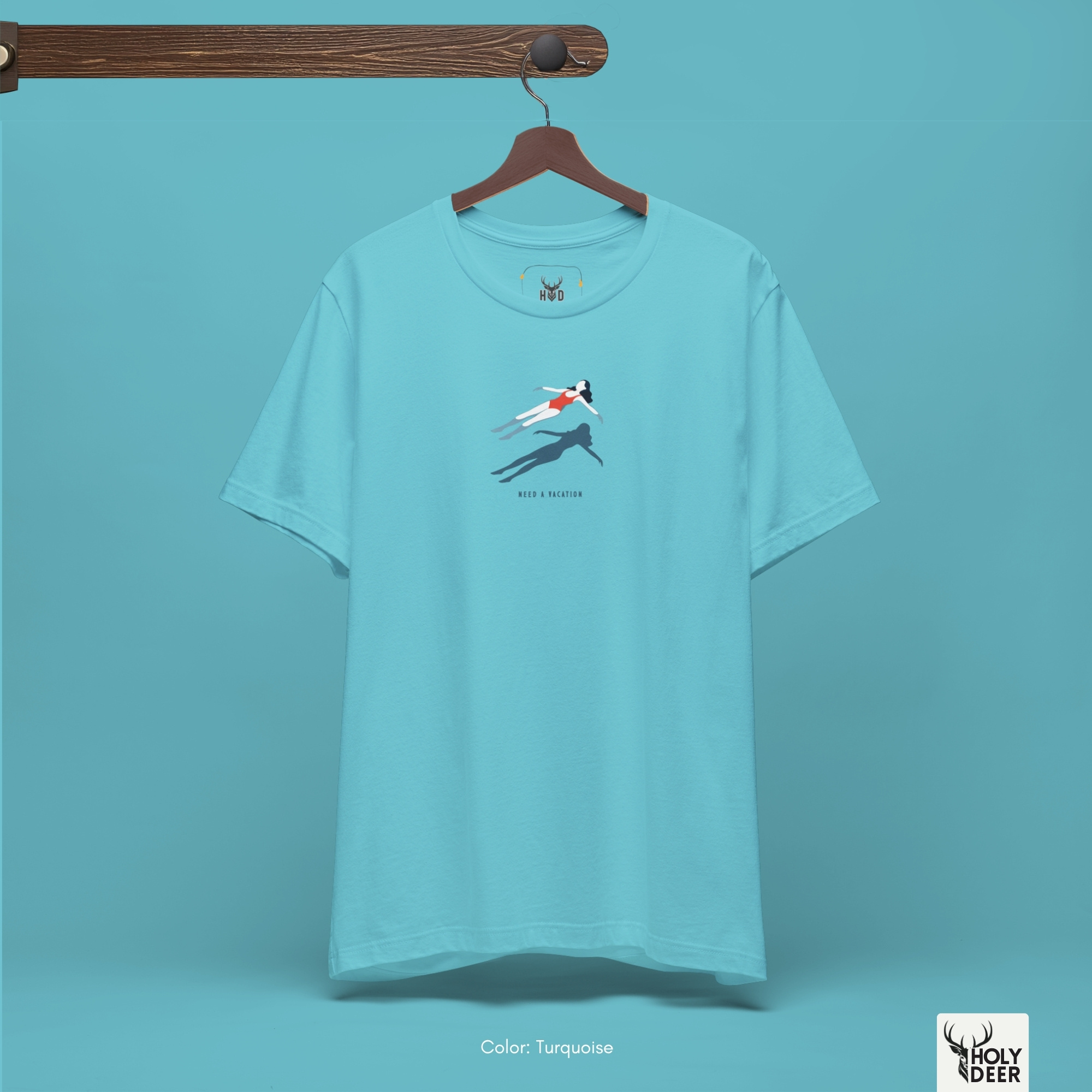 A commercial catalog layout tracking the Holydeer Clothing Floating Girl Shirt hanging cleanly from a custom timber stand. The product framework documents accurate surreal water shirt material behavior, soft chest wrinkles, and balanced square casual fit parameters for high-end boutique distribution.