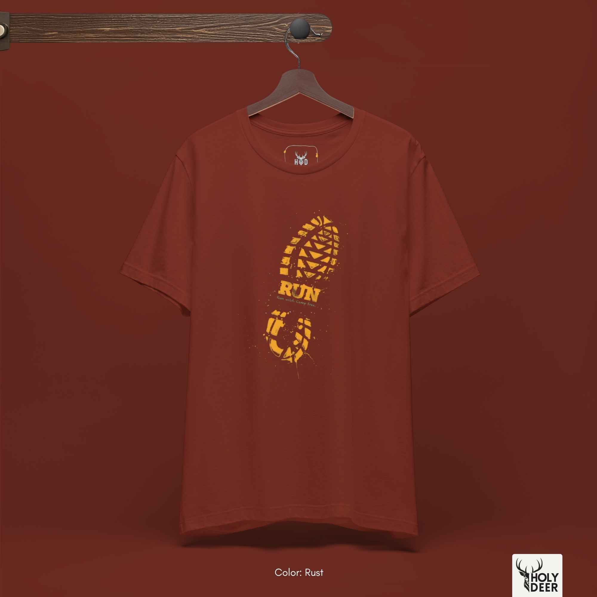 An abstract moody editorial lookbook grid manipulating deep fabric wrinkles and harsh side spotlight shadows on the Holydeer Streetwear Trail Running Tee. This high-contrast deep design style and camping graphic tee treatment demonstrates how the central gold muddy footprint top print maintains striking visual pop.