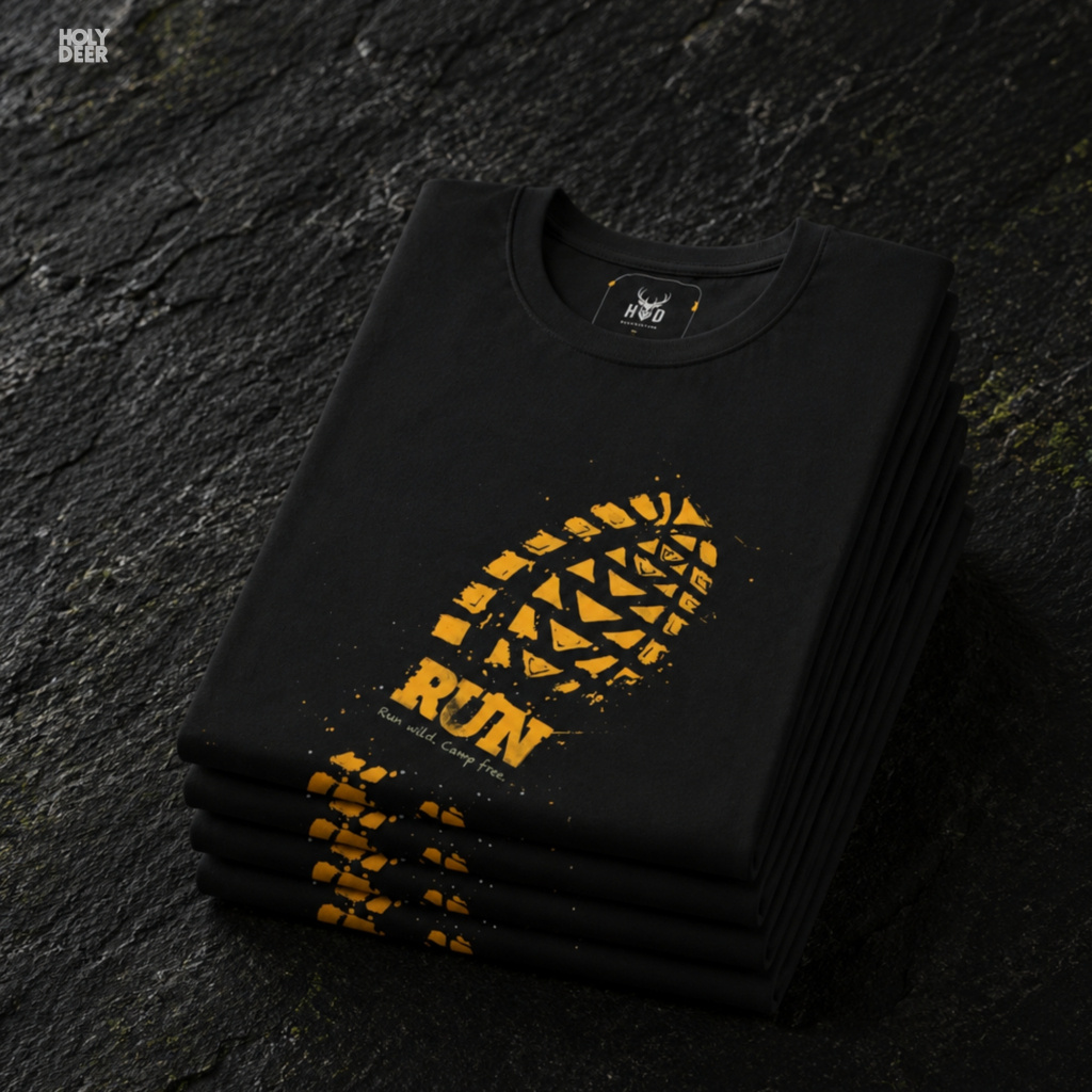 An extreme high-magnification macro focus inside the Holydeer Streetwear Trail Running Tee tracking the detailed Deep Design Style tread matrix. The print layer highlights the bright gold block sections, deep non-slip groove channels, distressed texture cracks, and clean ink borders that define this premium muddy footprint top piece.