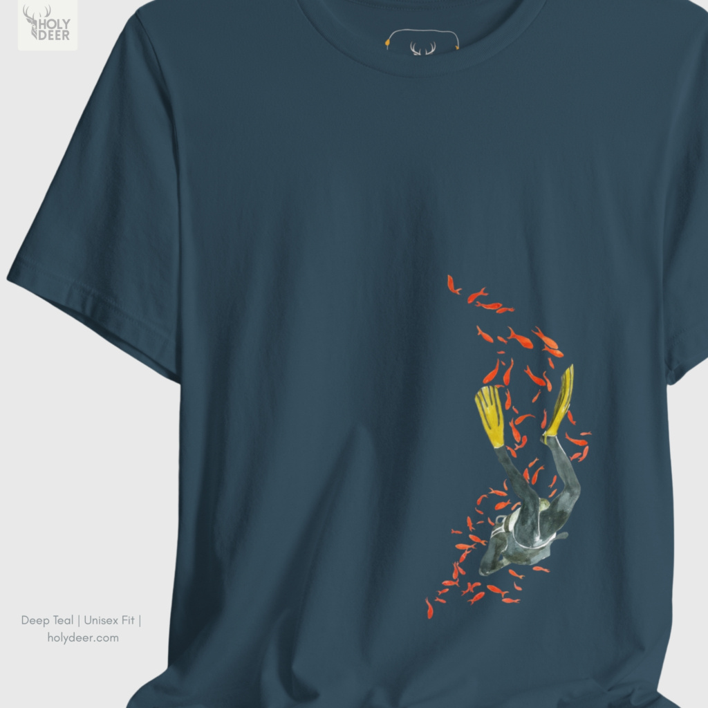 A close showroom catalog viewpoint of the Holydeer Apparel Scuba Diving Shirt showing the specialized Sea Life Clothing printing finish. The framework tracks the tight screen registration of this Diver Graphic Tee and Diver Gift Shirt selection to monitor deep design style rendering, material texturing behaviors, and light reflection.