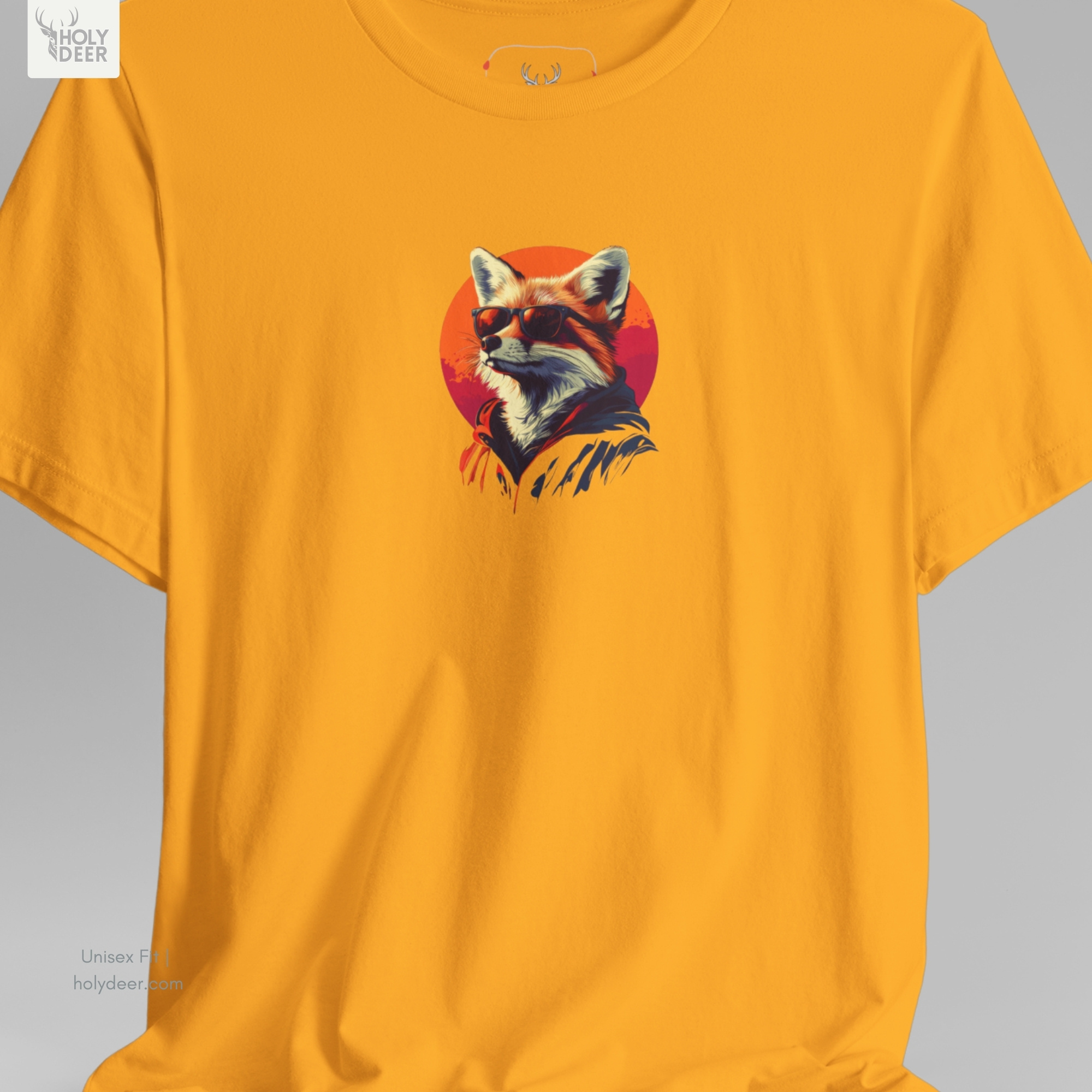 An abstract moody editorial lookbook grid manipulating deep fabric wrinkles and harsh side spotlight shadows on the Holydeer Streetwear Cool Fox Graphic Tee. This high-contrast cute fox hoodie art and streetwear fox tee treatment demonstrates how the central orange and navy retro sunset shirt print maintains striking visual pop.