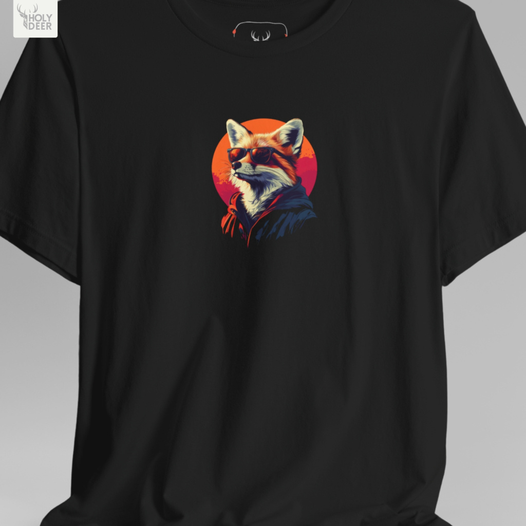 A detailed structural perspective tracking the parallel heavy thread runs and overlock stitch matrix lines connecting the sleeve to the main shoulder of the Holydeer Apparel Cool Fox Graphic Tee. This close technical angle proves the heavy tailoring standards of our entire cool red fox shirt line.