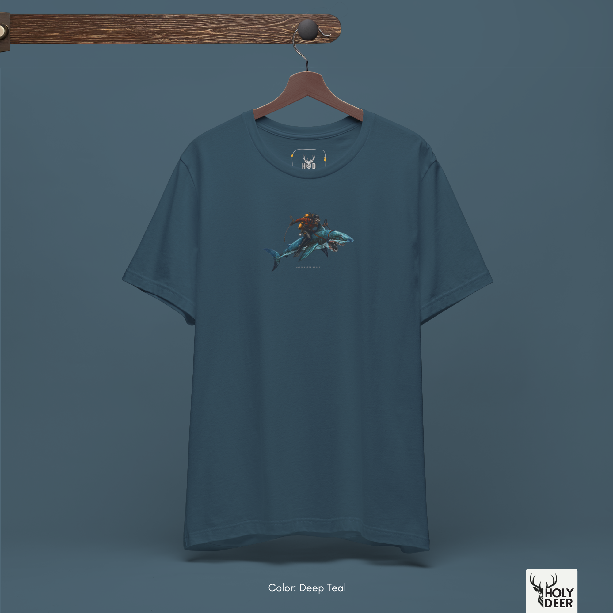 An extreme high-magnification macro focus inside the Holydeer Streetwear Shark Graphic Tee tracking the detailed Funny Scuba Tee rider vector. The print layer highlights the bright yellow oxygen tank fills, dark diving suit folds, trailing regulator hoses, and clean ink borders that define this premium explorer gift shirt piece.