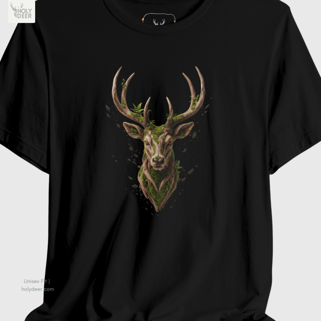 A detailed structural perspective tracking the parallel heavy thread runs and overlock stitch matrix lines connecting the sleeve to the main shoulder of the Holydeer Apparel Deer Graphic Tee. This close technical angle proves the heavy tailoring standards of our entire woodland animal t line.